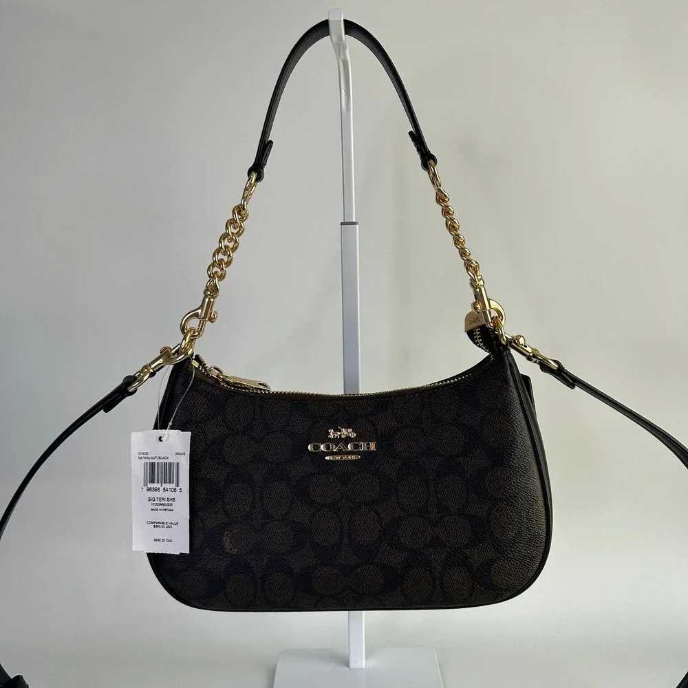 Coach Teri Shoulder Bag Walnut Black Signature Canvas CV933 NEW